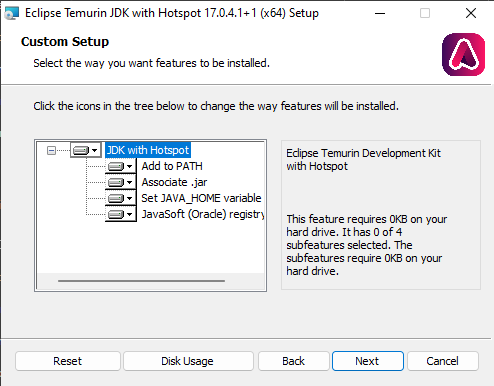 Windows OpenJDK Setup Options